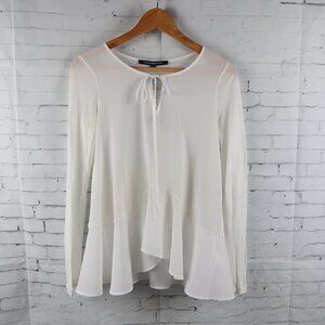 FRENCH CONNECTION WINTER WHITE LONG SLEEVE PEPLUM TOP WITH TIE DETAIL SIZE XS